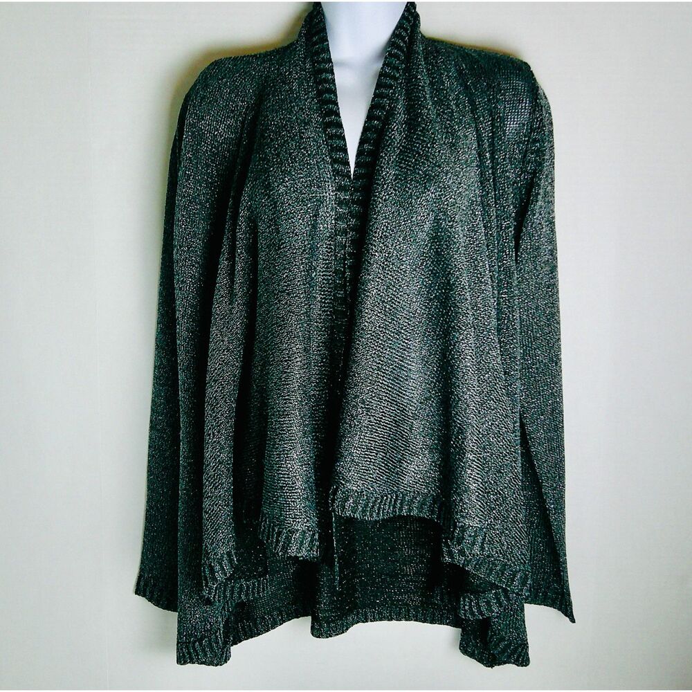 BLACK METALLIC OPEN DRAPED LONG SLEEVE KNIT CARDIGAN. WOMEN MEDIUM